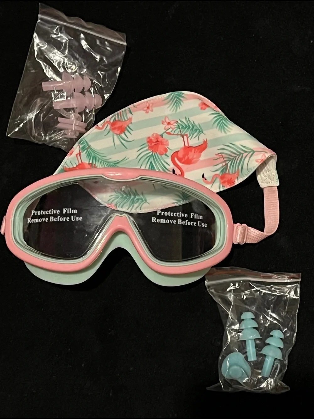 Pixel Panda Kids Flamingo Swim Goggles Set Cap Ear Plugs Nose Clip New